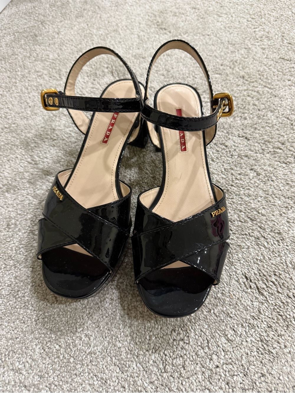 Prada Black Patent Leather Crisscross Ankle Strap Heels